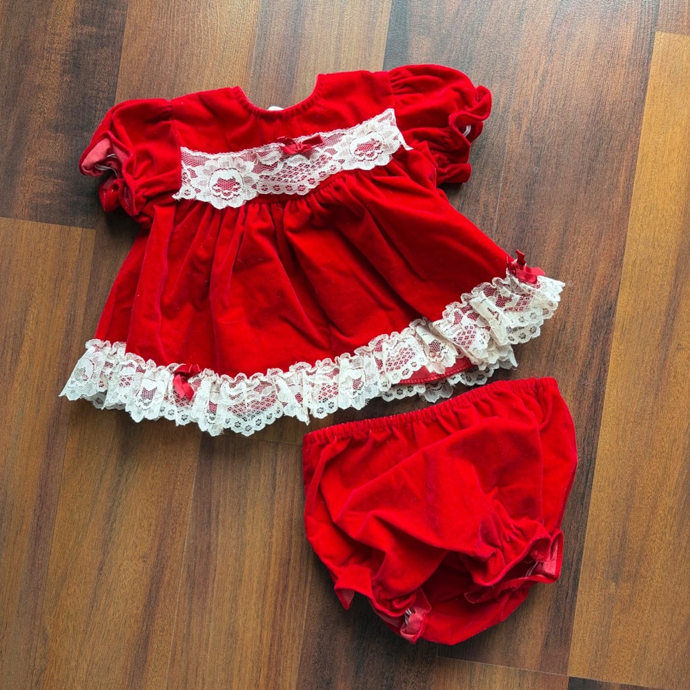 Vintage Cutest One Red Velvet Lace‎ Baby Dress Bloomers Set 0-6M Holiday 88237H